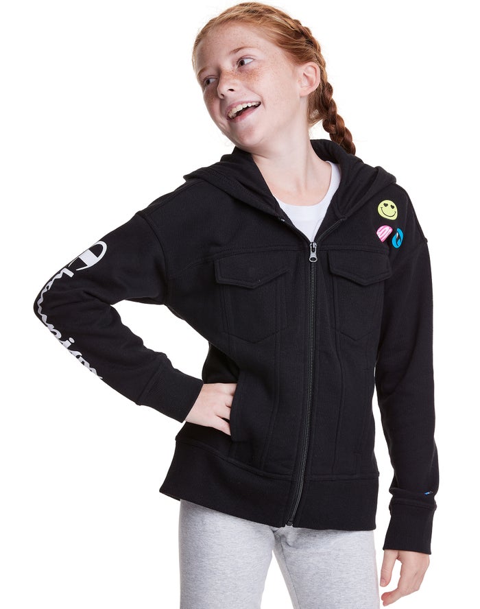 Champion Girls Hoodie NZ - Fleece Full Zip Smiley Face Black ( 7619-YDTCF )